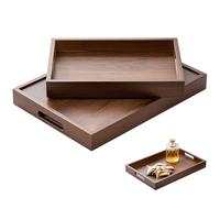 Wooden Tray for Ottoman 2PCS Large Rectangle Walnut Wooden Serving Tray with Handle for Table Organizor & Decor