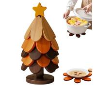 Wooden Tree Trivet Set, Christmas Tree Trivets for Hot Pans Dishes with 5 Wooden Trivets & 1 Stand, Foldable Coasters Trivet for Bowls Teapots Drinks Plates, Home Table Decor