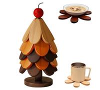 Wooden Tree Trivet Set, Christmas Tree Trivets for Hot Pans Dishes with 5 Wooden Trivets & 1 Stand, Foldable Coasters Trivet for Bowls Teapots Drinks Plates, Home Table Decor