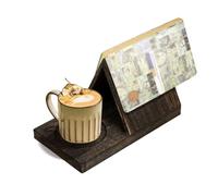 Wooden Triangle Book Stand Rest with Cup Holder, Short Book Holder Valet Shelf Table Desk Nightstand for Reading Display Lover Gifts (Charred Wood Color)