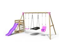 Wooden Triple Swing Set with Baby Seat, Boat Swing and Slide - Halley Pink Rebo Pink One Size