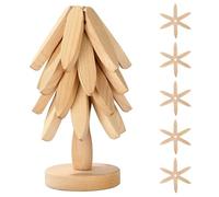 Wooden Trivets for Hot Dishes, Christmas Tree Shape, 5 Wooden Trivets + 1 Stand Stored Like a Tree, Beech Wood for Hot Pots, Pans, Bowl, Teapot, Practical Trivet on The Kitchen Counter