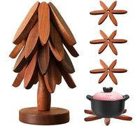 Wooden Trivets for Hot Dishes - Coaster Stack, Tree Shape, 3 Foldable Reusable Wooden Trivets 1 Stand Stored Set, Wood for Hot Pots, Pans, Bowl, Teapot, Practical Trivet on The Kitchen Counter Deco