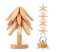 Wooden Trivets for Hot Dishes, Tree Shape Trivet Set 5 Wooden Trivets 1 Stand Stored Like a Tree Christmas Wood tree Shaped Table Mat Foldable Heat Resistant Pads for Hot Pots Bowl Teapot (Beech Wood)