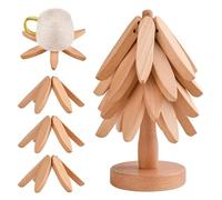 Wooden Trivets for Hot Dishes,Tree Shape Trivet Set,Trivets for Hot Dishes - 4 Wooden Trivets + 1 Stand Stored Like a Christmas Tree, Foldable Wooden Trivets (Yellow)