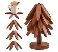 Wooden Trivets for Hot Dishes,Tree Shape Trivet Set,Trivets for Hot Dishes - 4 Wooden Trivets + 1 Stand Stored Like a Christmas Tree, Foldable Wooden Trivets (Brown)