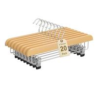 Wooden Trouser Hangers with Clips - Non Slip Skirt Hangers for Clothes, Pants & Jeans High-Grade Non Slip Skirt Hangers with Strong Adjustable Metal Clamps (Pack of 20)