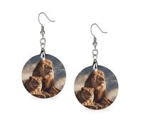 Wooden Two Lions Earrings for Women Lightweight Dangle Earrings Ethnic Geometric Round Earring Vintage Retro Jewelry Gift for Daily Wear Wedding Party Graduation