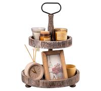 Wooden Two Tiered Tray, UBTKEY 2-Tier Round Wood Serving Tray, Rustic Farmhouse Home Kitchen Decor for Cupcake Dessert Fruit Buffet Display (Brown)