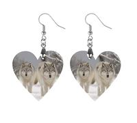 Wooden Two Wolves Walking in The Snow Earrings for Women Lightweight Dangle Earrings Ethnic Geometric Heart-Shaped Earring Vintage Retro Jewelry Gift for Daily Wear Wedding Party Graduation