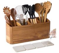 Wooden Utensil Holder for Kitchen Counter, Acacia Wood Kitchen Utensil Holder for Countertop with 4 Compartment, Cooking Utensil Organizer, Silverware Caddy (Acacia Wood, 4Compartment)