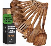 Wooden Utensil Set - 10 Pcs Teak Wooden Spoon Kitchen Utensils Set for Nonstick Pans & Cookware. Non-Scratch, Heat Resistant, Comfortable Grip. Includes Cooking Spatula