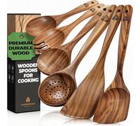 Wooden Spoons for Cooking - Teak Wooden Utensils for Cooking - Heat Resistant Wooden Spoon Sets for Cooking - Comfortable Grip Non-Stick Wooden Cooking Utensils - 6 Pcs Wood Utensil Sets