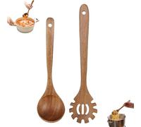 Wooden Utensil Set with Fork and Soup Ladle Long Handle Pasta Spoon with Teeth Hanging Spaghetti Spoon Cooking Utensils for Cooking Serving Draining Stirring Spaghetti (A)