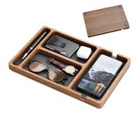 Wooden Valet Tray with Leather Inlay, 12x8" Compartment Night Stand Organizer for Men Women, Catch All Tray for Keys, Phone, Wallet, Watch, Earbuds Gift, Valet Tray