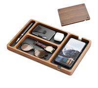 Wooden Valet Tray with Leather Inlay, 12x8" Compartment Night Stand Organizer for Men Women, Catch All Tray for Keys, Phone, Wallet, Watch, Earbuds Gift