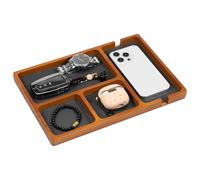 Wooden Valet Tray with Removable Leather Pad Catchall Tray Stylish Entryway Bedside Desk Trays Wood Storage Organizer Trays with 4 Compartment Desktop Storage Organizer Storages Dish for Phone Key