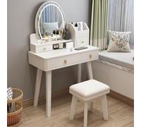 Wooden Vanity Desk with Mirror and Stool, Dimmable LED HD Mirror, Solid Wood Table with Drawers for Makeup and Family Room