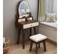 Wooden Vanity Desk with Mirror and Stool, Dimmable LED HD Mirror, Solid Wood Table with Drawers for Makeup and Family Room