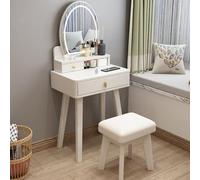 Wooden Vanity Desk with Mirror and Stool, Dimmable LED HD Mirror, Solid Wood Table with Drawers for Makeup and Family Room