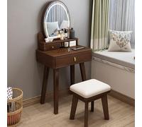 Wooden Vanity Desk with Mirror and Stool, Dimmable LED HD Mirror, Solid Wood Table with Drawers for Makeup and Family Room