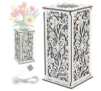 Wooden Vase for Lego Flower Wooden Puzzle Vase with LED light Display Stand | Flower Vase for Lego Flower Bouquet Hollowed White Butterfly Design Artistic Carving Vase for Lego Sunflower Rose Tulips