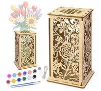 Wooden Vase for Lego Flowers - Display Stand for Lego Flower Bouquet with LED light/Acrylic Paint,Puzzle Vases Cool Artistic Carving Vase with Hollow Pattern for Flowers Lovers Roses Sunflowers (T)