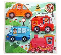 Wooden Vehicle Puzzle for Toddlers, Transportation Theme with Car, Fire Engine, Bus and Train, Educational Learning Toy