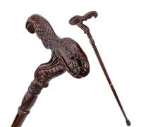 Wooden Walking Cane, Hand Carved Snake Head, Ergonomic Handle | 3D Carved, Natural Wood Grain, Solid Red Oak, One-Piece Construction, Spare Rubber Tip, Wrist Cord