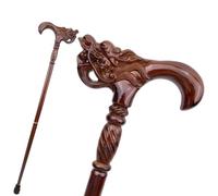 Wooden Walking Cane with Dragon Head Handle, Brown, Hand Carved Design, Decorative Support Stick