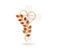 Wooden Wall Cross with Iron Heart Leaf Decorated with Hook and Base Hanging Wall Or Table Cross with Matthew 28:20 For Church Home Room Decoration (White)