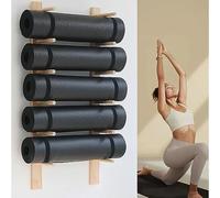 Wooden Wall-mounted Yoga Mat Stand, Space-saving Storage, Simple Solid Wood Design, Foam Roller Compatible, Suitable For Home Gyms (6 animals)
