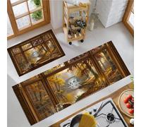 Wooden Windows River Trees Kitchen Rug, Non-Slip Washable Brown Kitchen Runner Rugs, Absorbent Soft Low Pile Realistic Autumn Scenery 2 Piece Floor Mats, for Laundry Room Bedroom 50x80cm+50x150cm