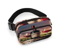 Wooden Wine Barrel on Wine Bottle Fanny Pack Belt Bag with Adjustable Strap Fashion Waist Bag for Outdoor Sports Hiking, white, 20x13cm, Full Printed Waist Bag