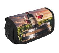 Wooden Wine Barrel on Wine Bottle Pencil Case Organizer - Large Capacity 3 Compartment Pencil Pouch for Adults, Portable Makeup Bag & Aesthetic Stationery Bag with Zipper (8.7x4.3") Unisex Gift