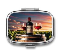 Wooden Wine Barrel on Wine Bottle Pill Box 2-Compartment Portable Pill Case Square Metal Medication Organizer Small Weekly Medication Case with Mirror Stylish Vitamin Holder for Purse Pocket Travel