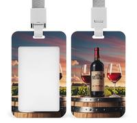 Wooden Wine Barrel on Wine Bottle Retractable ID Badge Holder with Lanyard Vertical Badge Reel Keychain Clip Name Tag Id Card Holder Protector for Nurse Officer Teacher Security Staff Women Men