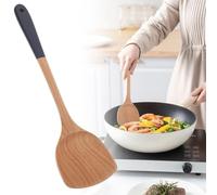 Wooden Wok Spatula, Wood Turner for Non Stick Pan, 39cm Long Handle Wooden Spatula for Cooking, Kitchen Utensil (Khaki)