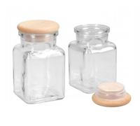 Wooden World - 2x Glass Jars with Wooden Lids Square Spice Containers 150 ml