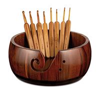 Wooden Yarn Bowl Holder, Craft Knitting Bowl with 8pcs Metal Crochet Hooks, 7.9''Large Yarn Holder Dispenser Yarn Storage Bowls, for Knitters & Crocheters (Brown 7.9 inch)