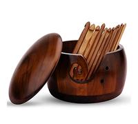 Wooden Yarn Bowl with Lid Handmade Yarn Bowl Holder with 12 Pieces Bamboo Crochet Hooks for Crocheting Knitting Accessories DIY Crafts Gift for Women (Pine Wood)