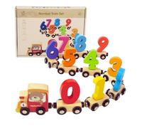 WOODENFUN Number Train Set for 1 2 3 Year Olds, Educational Toy Cars for Toddlers, Montessori Learning Toys for Boys and Girls (Red)