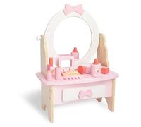 WOODENFUN Pink Girl Wooden Dressing Table, Circular Arch Shaped Mirror that can Rotate 360°, Drawer, Equipped with 7pcs Makeup Accessories, Desktop Makeup Table (Rundbogen)