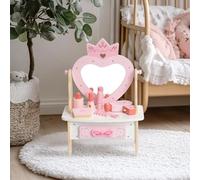 WOODENFUN Pink Girls Wooden Dressing Table, Heart-Shaped Crown Mirror with 360° Rotation, Drawer, Equipped with 7 Makeup Accessories, Desktop Dressing Table (Crown Mirror)