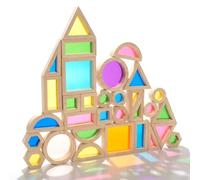 WOODENFUN Wood Building Blocks Set for Kids, Rainbow Stacker Stacking Game Construction Toys Set Preschool Colorful Learning Educational Toys, Geometry Wooden Blocks for Boys Girls (32PCS)