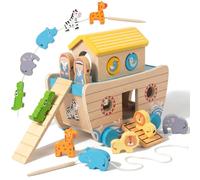 WOODENFUN Wooden Noah’s Ark Pull Along Toy Animal Sort Stack Gift for Toddlers 1-3