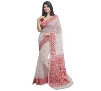 WoodenTant Women's Bengal made cotton Dhakai Jamdani Saree without blouse piece., White::red, 5.5 meter