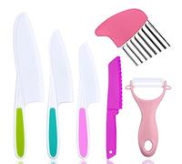 WOODFIB 6PCS Kitchen Safety Knives for Kids, Reusabl Children's Cooking Knives in 4 Sizes, Plastic Paring Knife and Potato Slicer for Vegetables, Fruits, Salad, Cake (Pink)