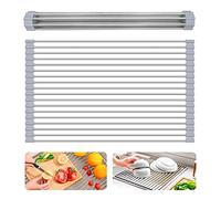 WOODFIB Roll Up Dish Drying Rack, Kitchen Over Sink Dish Drainer Sink Rack, Foldable Multi-Use Dish Drainers with Non-Slip Silicone and 304 Stainless Steel Pipe (43cm x 35cm,Grey)