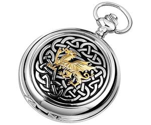 Woodford Mens Celtic Dragon Chrome Plated Full Hunter Quartz Pocket Watch - Silver/Gold/Black